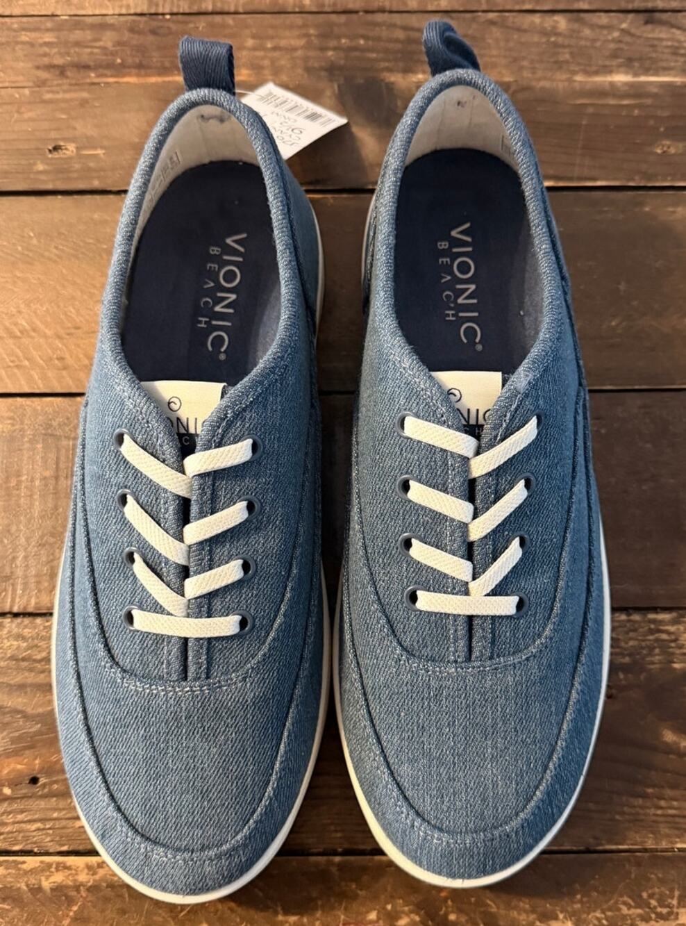 Vionic Beach Cyan Denim Sneakers Womens 9.5 M Blue Elastic Lace NWT